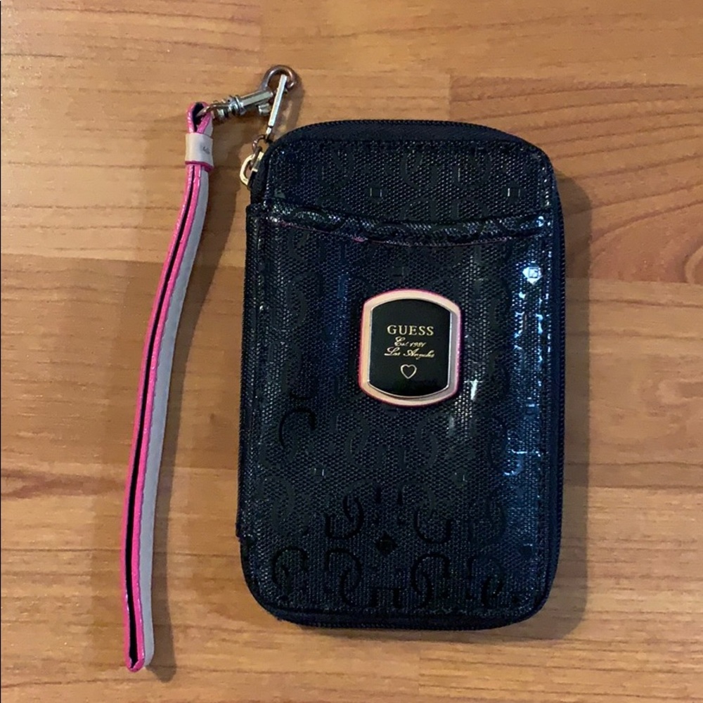Guess black zip mini wristlet wallet with ID slot